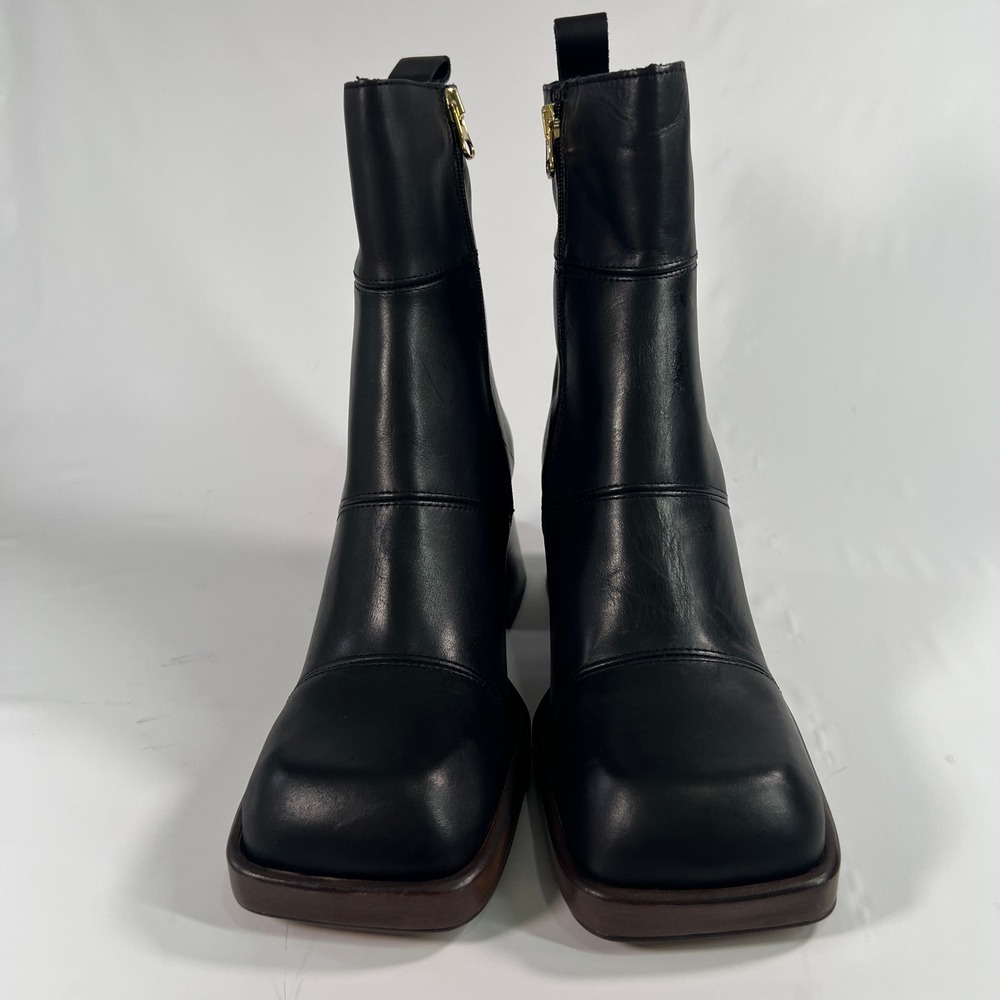 ASOS DESIGN Rhodes Premium Leather Platform Boots Black Square Toe Chunky Heel 6 - Picture 3 of 11